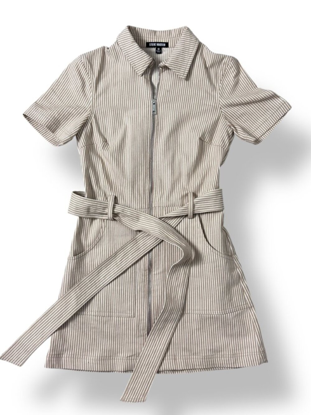 Steve Madden Belted Zip Up Collar Utility Canvas Dress Khaki White Stripe Sz XS - Picture 6 of 9
